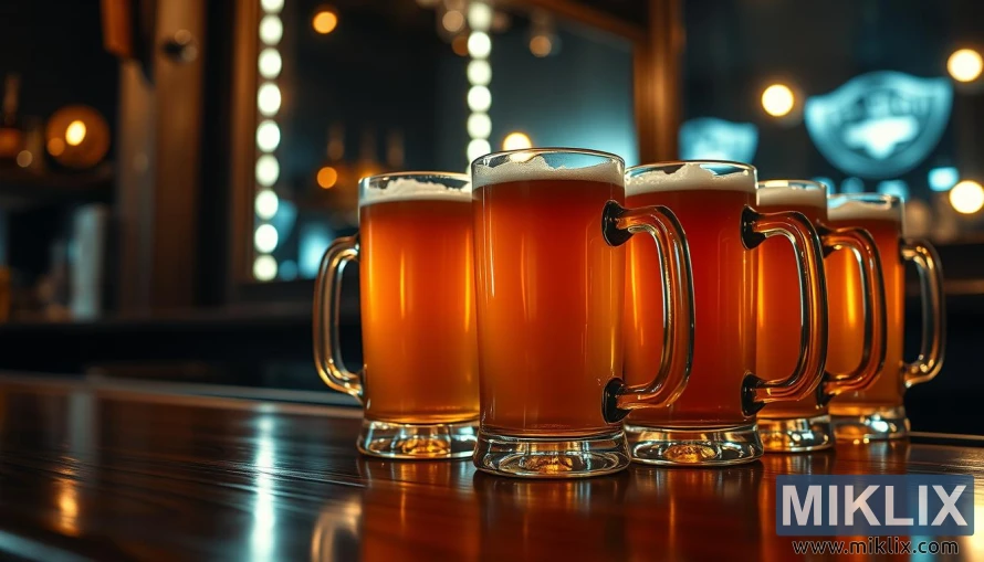 Rad med ølkrus i glass med blekt ravøl på polert trebjelke i varmt svakt lys.