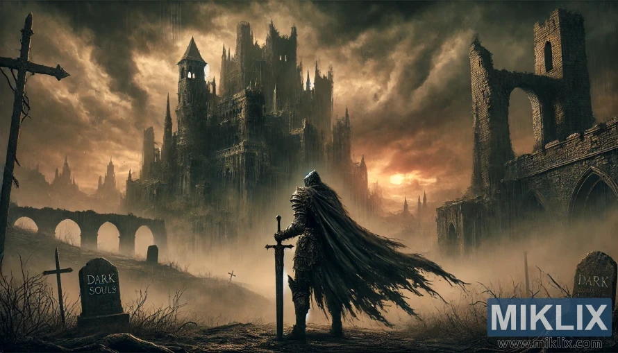 Brynvarinn riddari með sverði stendur frammi fyrir dökkum gotneskum kastala í þokukenndu, rústuðu landi úr Dark Souls III. Brynvarinn riddari með sverði stendur frammi fyrir dökkum gotneskum kastala í þokukenndu, rústuðu landi úr Dark Souls III.