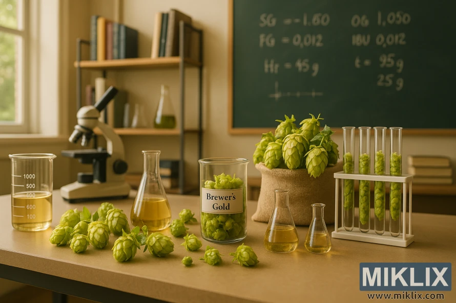 暖かい光の中で、Brewer's Gold ホップ、ビーカー、醸造設備が置かれた実験室の作業台。 暖かい光の中で、Brewer's Gold ホップ、ビーカー、醸造設備が置かれた実験室の作業台。