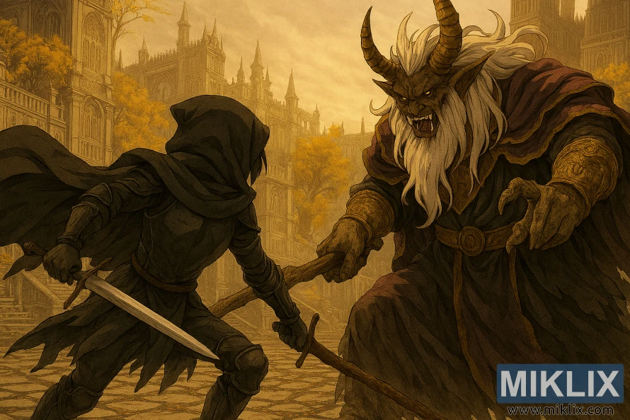 Anime-style battle scene of the Tarnished fighting Morgott with a cane in Leyndell