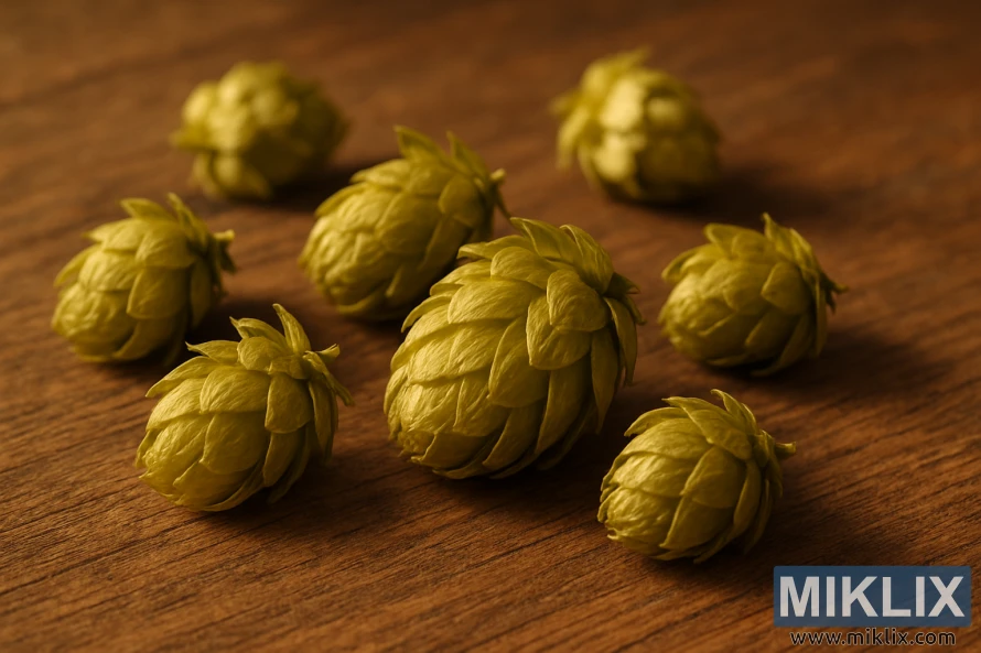 Close-up of dried Dana hop cones arranged on a rustic wooden surface under warm natural light. Close-up of dried Dana hop cones arranged on a rustic wooden surface under warm natural light.