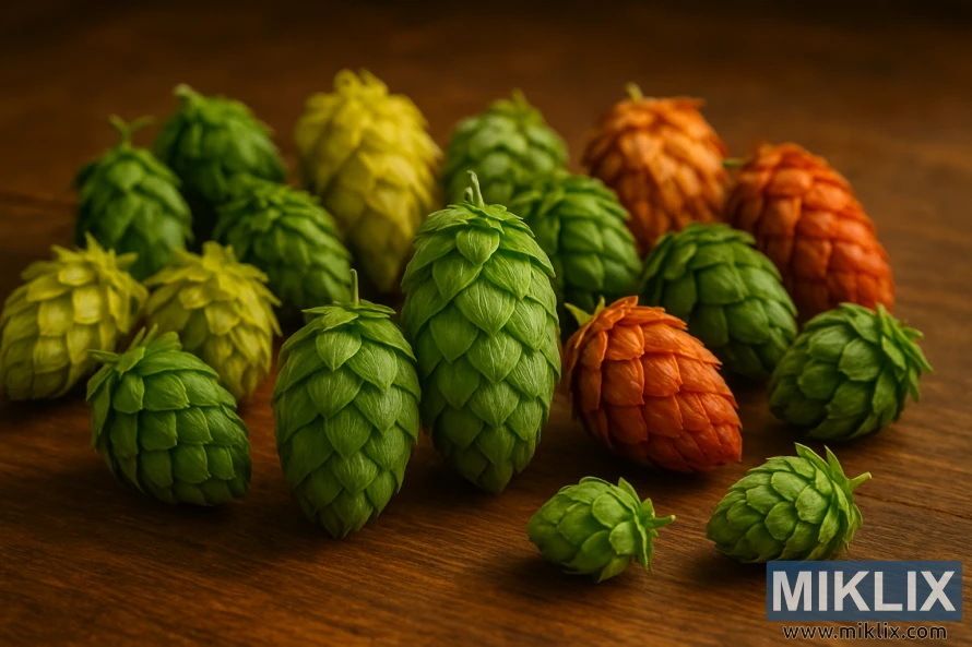 Nordgaard-humle med andre livlige humlesorter arrangert på et trebord i varmt gyllent lys.