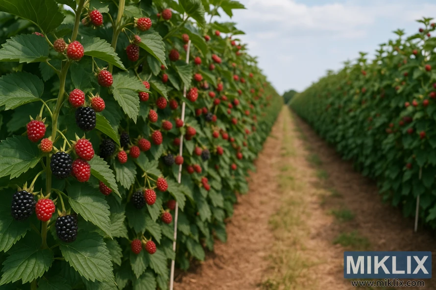 Gervuogių, augančių ant grotelių ryškioje saulės šviesoje, eilės gerai prižiūrimoje monokultūros sistemoje. Gervuogių, augančių ant grotelių ryškioje saulės šviesoje, eilės gerai prižiūrimoje monokultūros sistemoje.