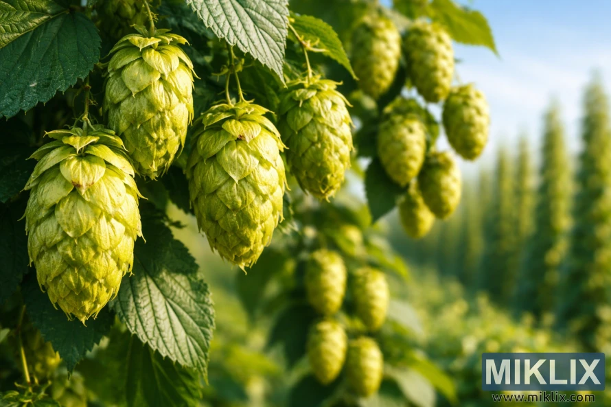 Close-up of vibrant green Bitter Gold hop cones with golden hues growing on lush bines in a sunlit hop field under a clear blue sky.