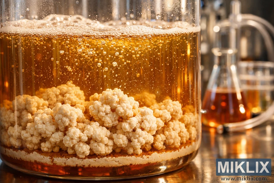 藝術化的特寫鏡頭展現了裝滿琥珀色啤酒的玻璃發酵槽底部酵母絮凝物的沉澱,氣泡上升,背景中有實驗室設備。 藝術化的特寫鏡頭展現了裝滿琥珀色啤酒的玻璃發酵槽底部酵母絮凝物的沉澱,氣泡上升,背景中有實驗室設備。