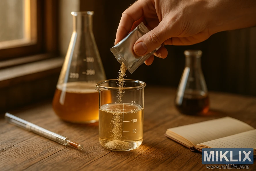 Close-up of brewer pouring dry yeast into a glass beaker on a rustic table.