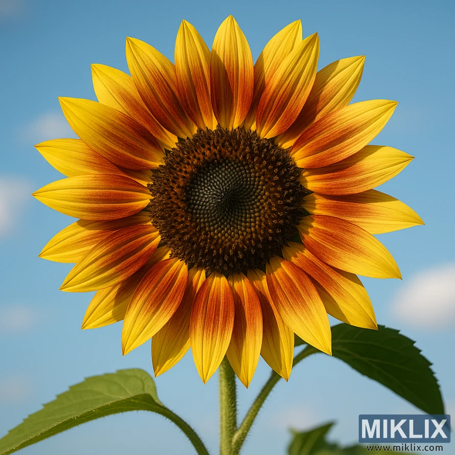 Nahaufnahme einer Autumn Beauty-Sonnenblume mit einer Mischung aus gelben, bronzefarbenen, burgunderfarbenen und zweifarbigen Blütenblättern unter einem strahlend blauen Sommerhimmel. Nahaufnahme einer Autumn Beauty-Sonnenblume mit einer Mischung aus gelben, bronzefarbenen, burgunderfarbenen und zweifarbigen Blütenblättern unter einem strahlend blauen Sommerhimmel.