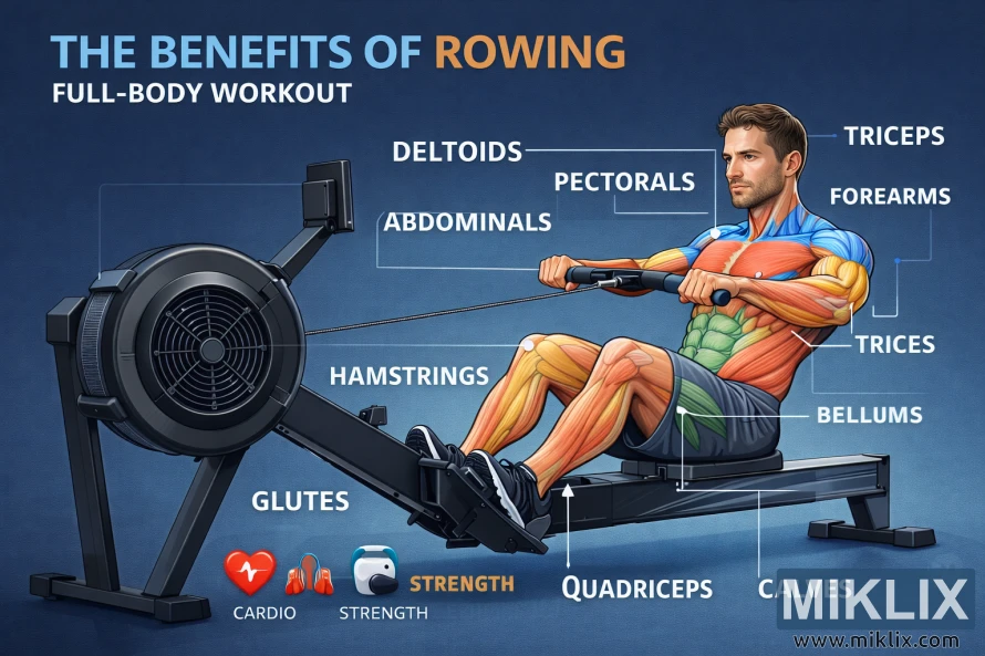 Ilustracija muškarca koji vesla na spravi za vježbanje u zatvorenom prostoru s označenim mišićnim grupama koje prikazuju prednosti vježbanja cijelog tijela