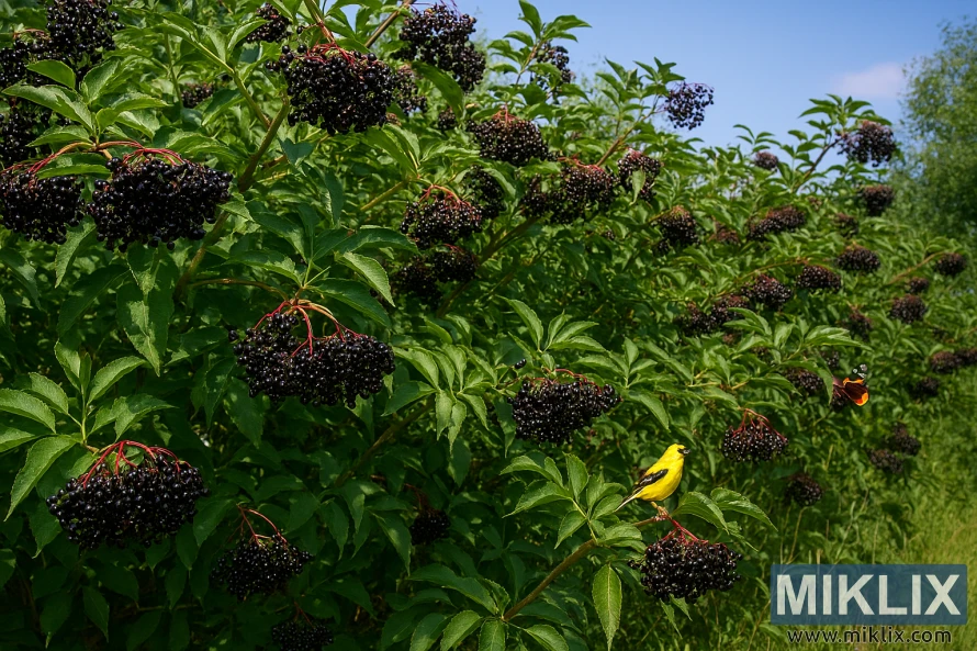 Сад бузины со спелыми ягодами, зеленой листвой и дикими животными, включая щегла и бабочку. Сад бузины со спелыми ягодами, зеленой листвой и дикими животными, включая щегла и бабочку.