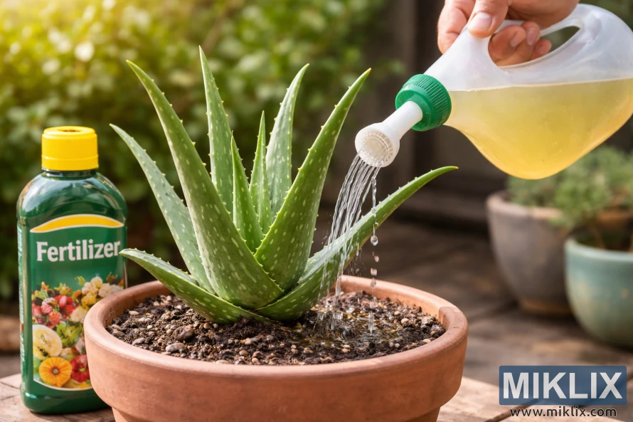 Hand pouring diluted fertilizer from a watering can onto an aloe vera plant in a terracotta pot outdoors Hand pouring diluted fertilizer from a watering can onto an aloe vera plant in a terracotta pot outdoors
