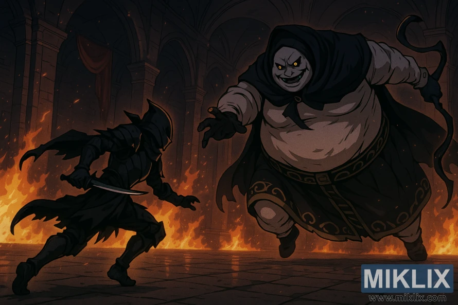 Halin salon wasan anime na Godskin Noble yana bin Baƙar Wuƙa da aka lalata ta cikin zaurukan wuta a cikin Manor Volcano.