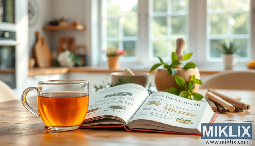 Gufandi bolli af tei á tréborði með opinni bók um munnheilsu, kryddjurtum og útsýni yfir garð í bakgrunni.