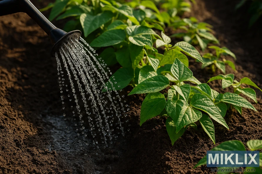 Watering can applying water at the base of green bean plants in a garden Watering can applying water at the base of green bean plants in a garden