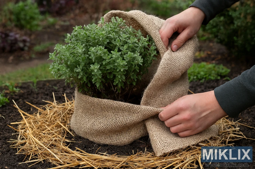 Hands wrapping a marjoram plant in burlap for winter protection in a garden