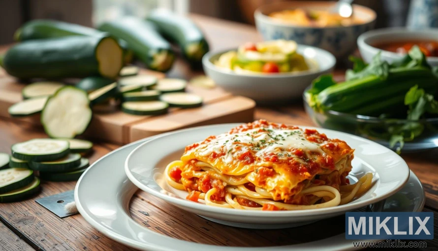 Gros plan de lasagnes aux courgettes, de nouilles aux courgettes et de courgettes tranchées sur une table en bois rustique. Gros plan de lasagnes aux courgettes, de nouilles aux courgettes et de courgettes tranchées sur une table en bois rustique.