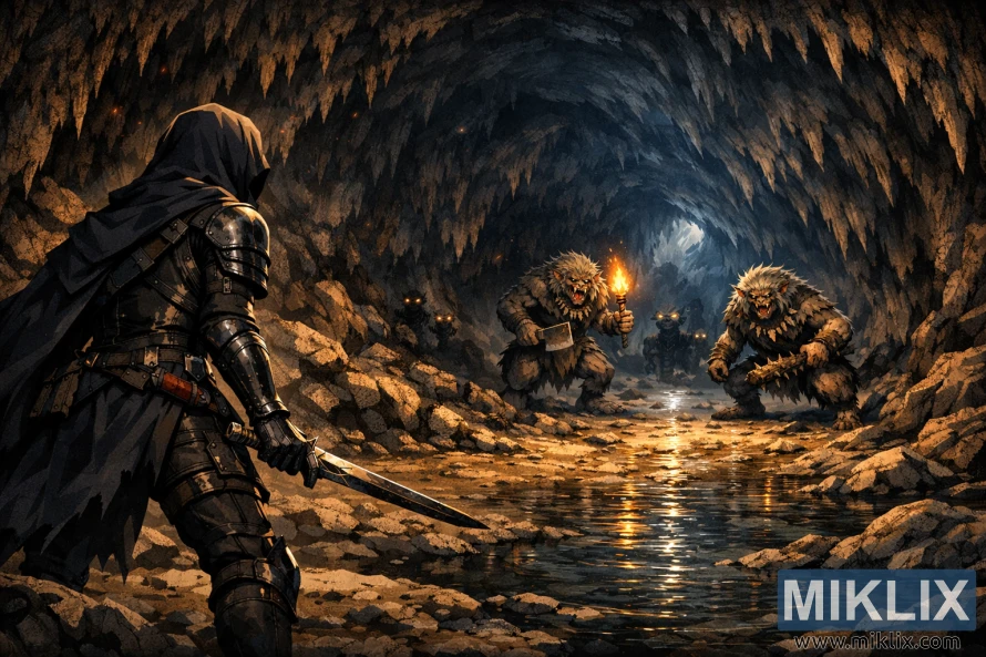 Аниме фантастична сцена на Оцрнетиот во оклоп од црн нож, гледан одзади лево, свртен кон двајца помали далечни получовечки поглавари во голема крајбрежна пештера осветлена со факел.