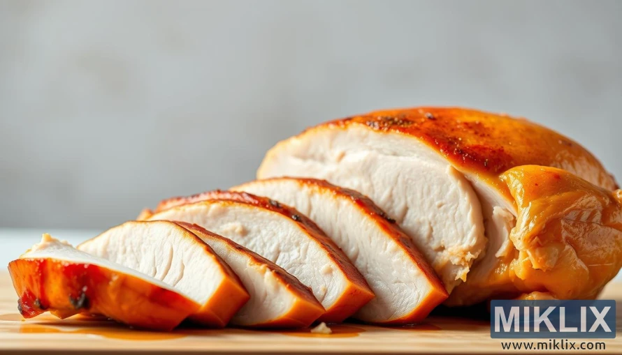 在柔和的灯光下,干净的背景上放着金黄烤火鸡胸肉片。 在柔和的灯光下,干净的背景上放着金黄烤火鸡胸肉片。