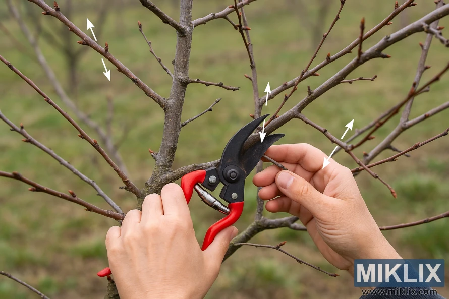 Un jardinier utilise un sécateur pour tailler une branche d'abricotier, démontrant ainsi les angles et les techniques de taille corrects.