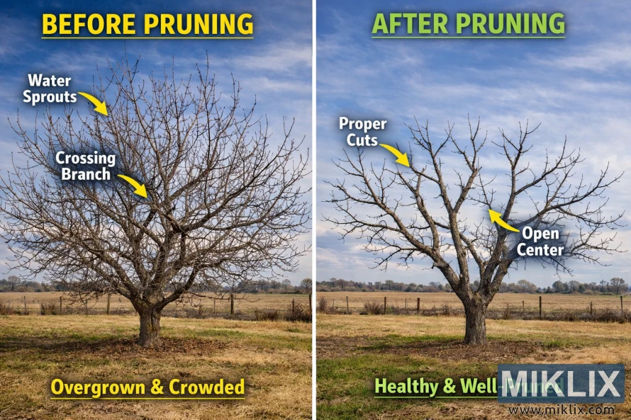 Side-by-side photo of a walnut tree before and after pruning, showing overgrown branches on the left and a healthy, open-centered tree on the right with labeled pruning features. Side-by-side photo of a walnut tree before and after pruning, showing overgrown branches on the left and a healthy, open-centered tree on the right with labeled pruning features.