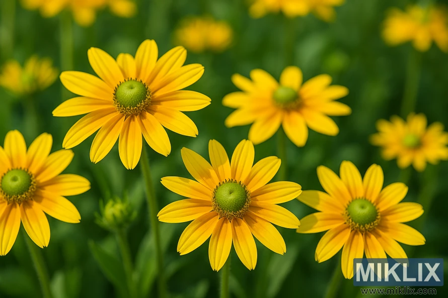 Close-up of Rudbeckia ‘Irish Eyes’ with bright yellow petals and distinctive green centers glowing in warm summer sunlight. Close-up of Rudbeckia ‘Irish Eyes’ with bright yellow petals and distinctive green centers glowing in warm summer sunlight.