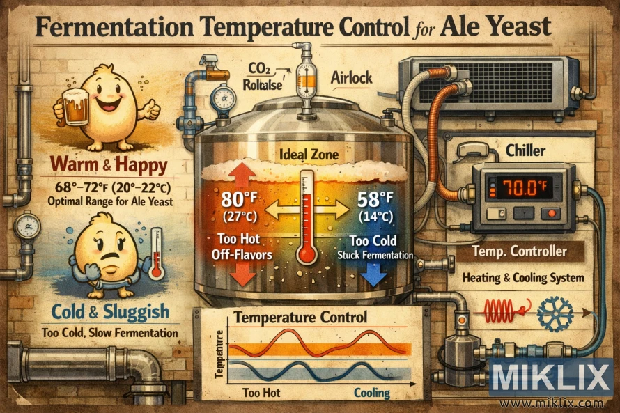 Ilustrirani dijagram koji prikazuje kontrolu temperature fermentacije pivskog kvasca, s fermentorom, termometrom, karakteristikama sretnog i tromog kvasca te opremom za grijanje i hlađenje.