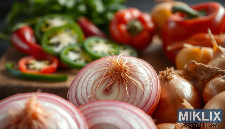 ਨਰਮ ਕੁਦਰਤੀ ਰੌਸ਼ਨੀ ਹੇਠ ਟੁਕੜਿਆਂ, ਮਿਰਚਾਂ ਅਤੇ ਸਮੱਗਰੀਆਂ ਦੇ ਨਾਲ ਤਾਜ਼ੇ ਪਿਆਜ਼ ਦਾ ਕਲੋਜ਼-ਅੱਪ। ਨਰਮ ਕੁਦਰਤੀ ਰੌਸ਼ਨੀ ਹੇਠ ਟੁਕੜਿਆਂ, ਮਿਰਚਾਂ ਅਤੇ ਸਮੱਗਰੀਆਂ ਦੇ ਨਾਲ ਤਾਜ਼ੇ ਪਿਆਜ਼ ਦਾ ਕਲੋਜ਼-ਅੱਪ।