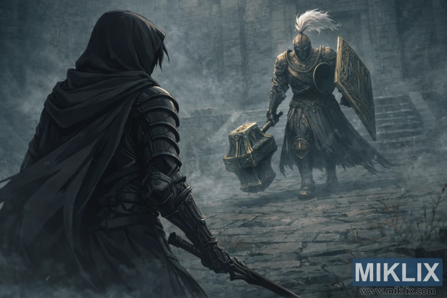 Back view of the Tarnished in Black Knife armor cautiously approaching Black Knight Garrew with a huge mace and shield in a misty stone fortress courtyard.