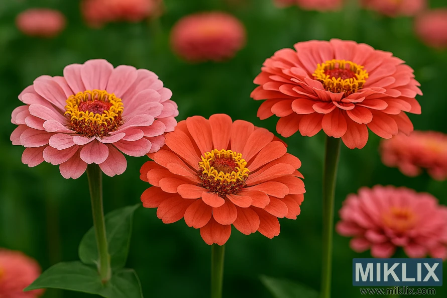 Landschapsfoto met hoge resolutie van Benary's Giant Zinnia-bloemen in roze en koraaltinten met zachtgroene achtergrond Landschapsfoto met hoge resolutie van Benary's Giant Zinnia-bloemen in roze en koraaltinten met zachtgroene achtergrond