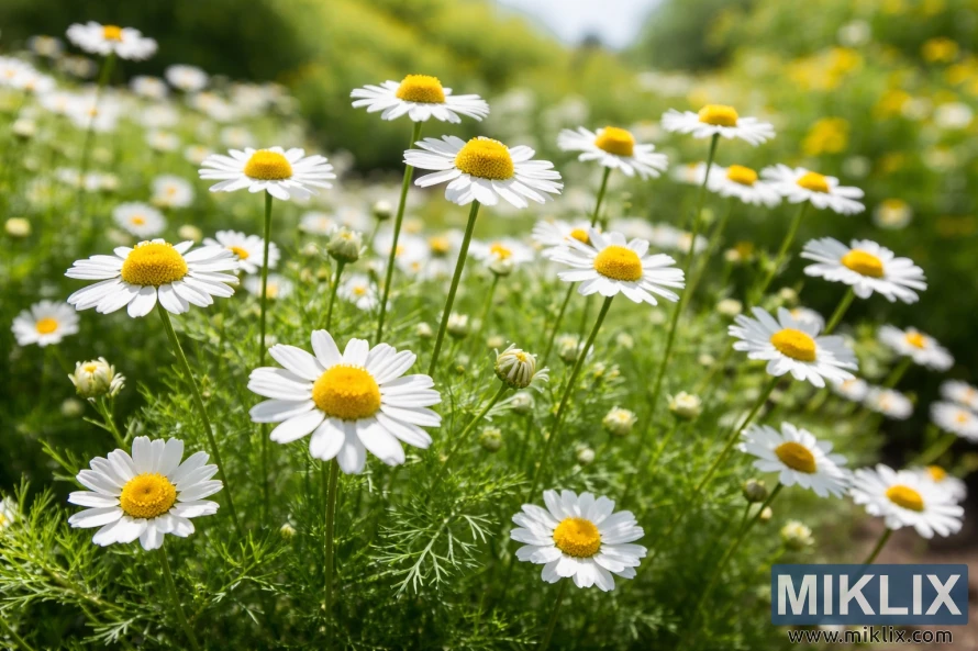 Close-up of blooming chamomile flowers with white petals and yellow centers growing in a lush green garden bed on a sunny summer day.