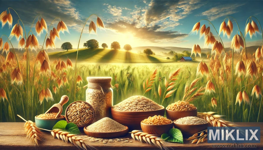 Camp de civada daurada amb plantes de civada fresques i productes de civada integral a la llum del sol. Camp de civada daurada amb plantes de civada fresques i productes de civada integral a la llum del sol.