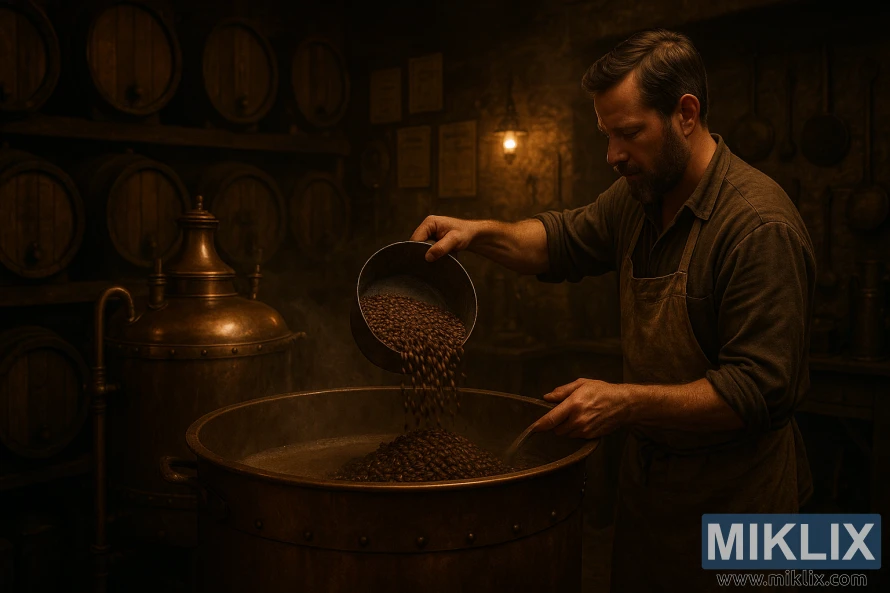 Bryggeren heller stekt bygg i mosekaret i et dunkelt historisk bryggeri med kobberkjeler.