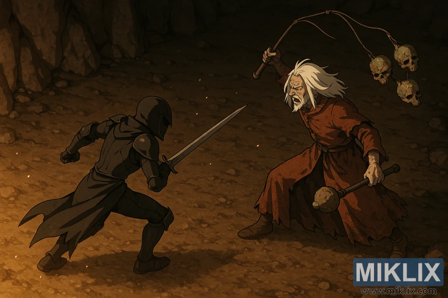 Isometric view of the Black Knife–armored Tarnished on the left facing Necromancer Garris on the right wielding a skull flail and mace in a firelit cave. Isometric view of the Black Knife–armored Tarnished on the left facing Necromancer Garris on the right wielding a skull flail and mace in a firelit cave.