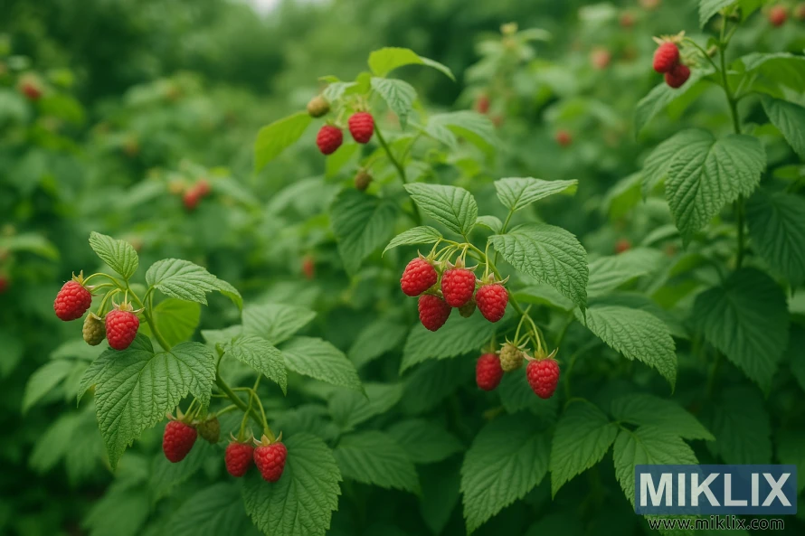 Clusters of ripe red raspberries growing on lush green plants in a sunlit home garden.