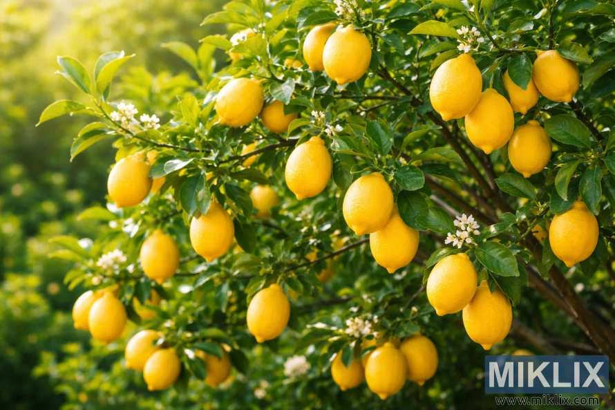 Cây chanh Meyer với những chùm chanh chín vàng óng và hoa trắng mọc xen kẽ giữa những tán lá xanh bóng mượt dưới ánh nắng tự nhiên rực rỡ.