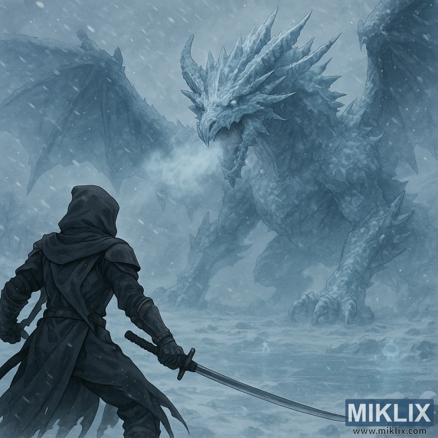 Scena in stile anime di un guerriero in armatura con il Coltello Nero che brandisce due katane e affronta Borealis la Nebbia Congelante su un lago ghiacciato nel mezzo di una bufera di neve. Scena in stile anime di un guerriero in armatura con il Coltello Nero che brandisce due katane e affronta Borealis la Nebbia Congelante su un lago ghiacciato nel mezzo di una bufera di neve.