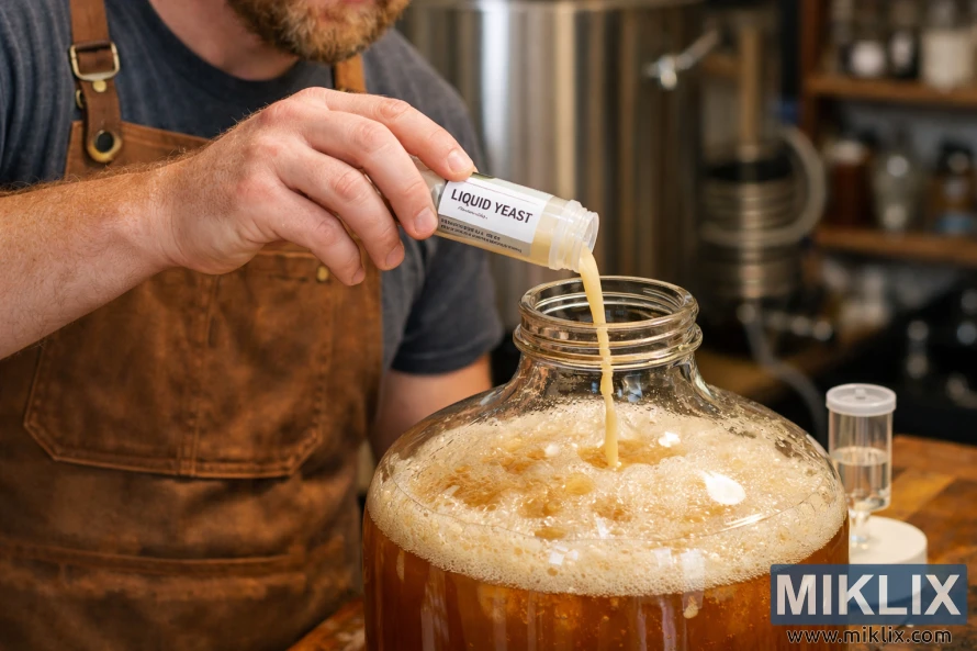 Close-up of a homebrewer pouring liquid yeast from a small vial into a glass fermentation vessel filled with amber wort. Close-up of a homebrewer pouring liquid yeast from a small vial into a glass fermentation vessel filled with amber wort.
