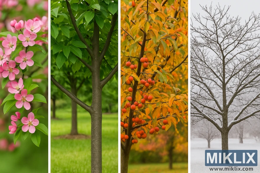 Four seasonal views of a crabapple tree showing spring blossoms, summer foliage, fall fruit, and winter structure. Four seasonal views of a crabapple tree showing spring blossoms, summer foliage, fall fruit, and winter structure.