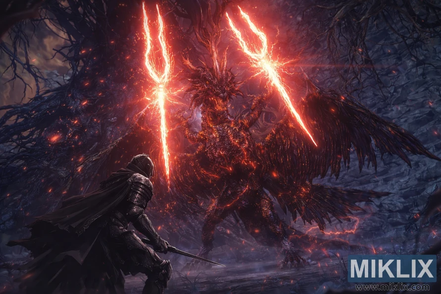 Fanowska grafika w stylu anime przedstawiająca Tarnished in Black Knife w zbroi walczącego z Lichdragonem Fortissaxem pośród czerwonych piorunów w Głębinach Deeproot Depths z Elden Ring.