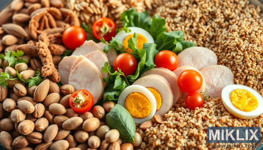 A colorful spread of tryptophan-rich foods including nuts, turkey, eggs, and grains. A colorful spread of tryptophan-rich foods including nuts, turkey, eggs, and grains.