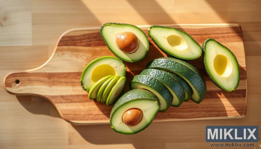 নরম প্রাকৃতিক আলোর নিচে কাঠের বোর্ডে সাজানো তাজা অ্যাভোকাডোর টুকরো। নরম প্রাকৃতিক আলোর নিচে কাঠের বোর্ডে সাজানো তাজা অ্যাভোকাডোর টুকরো।