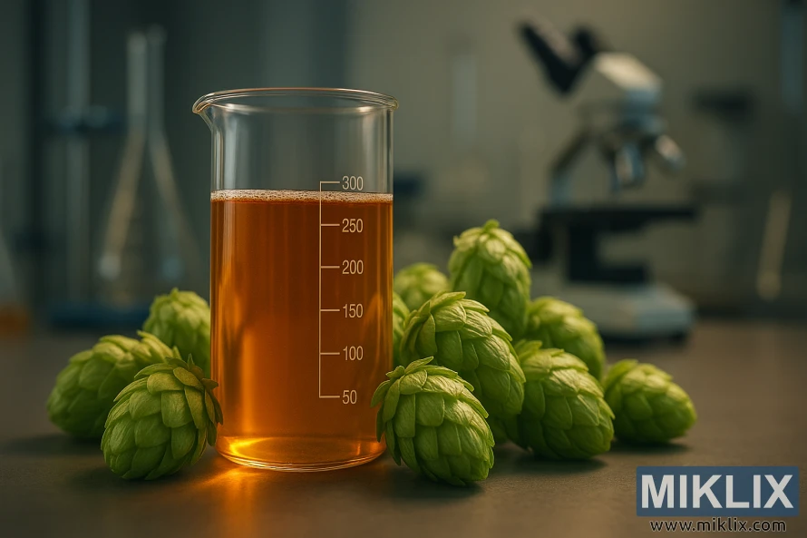Čaša z zlato-jantarno tekočino, obdana z zelenimi hmeljskimi storži v sodobnem laboratoriju.