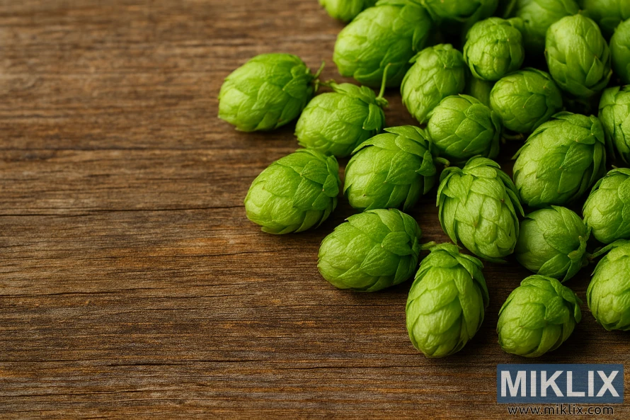 Թարմ Tettnanger գարեջրի կոներ գեղջուկ փայտե մակերեսի վրա