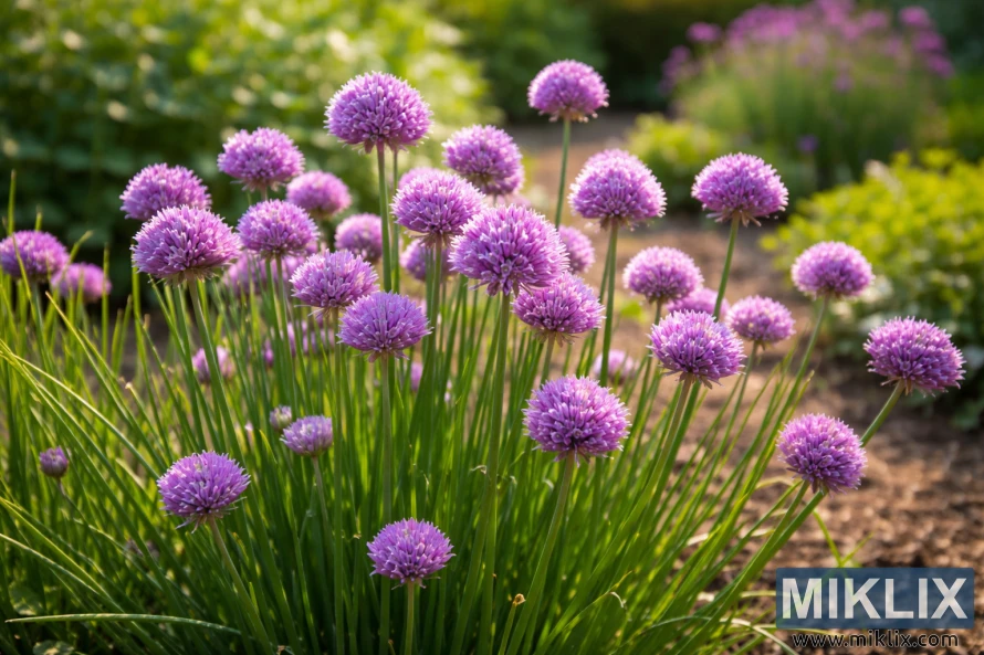 Purple chive flowers blooming on tall green stems in a garden bed under soft natural light.