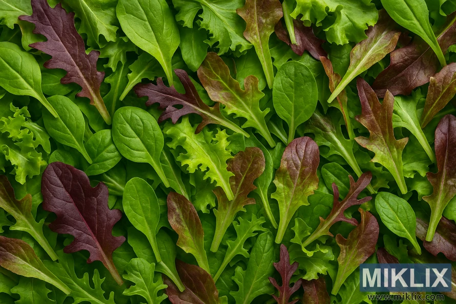 Colorful mesclun mix with assorted lettuce leaves in green and red hues