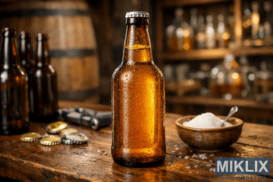 Close-up of an unlabeled amber beer bottle with condensation on a wooden table, surrounded by brewing tools, empty bottles, and priming sugar in a warm brewery environment.