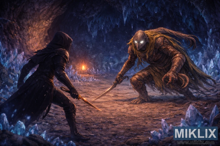 Wide anime-style fantasy scene showing the Tarnished in Black Knife armor facing the Bloodhound Knight inside a glowing crystal cave, moments before combat.