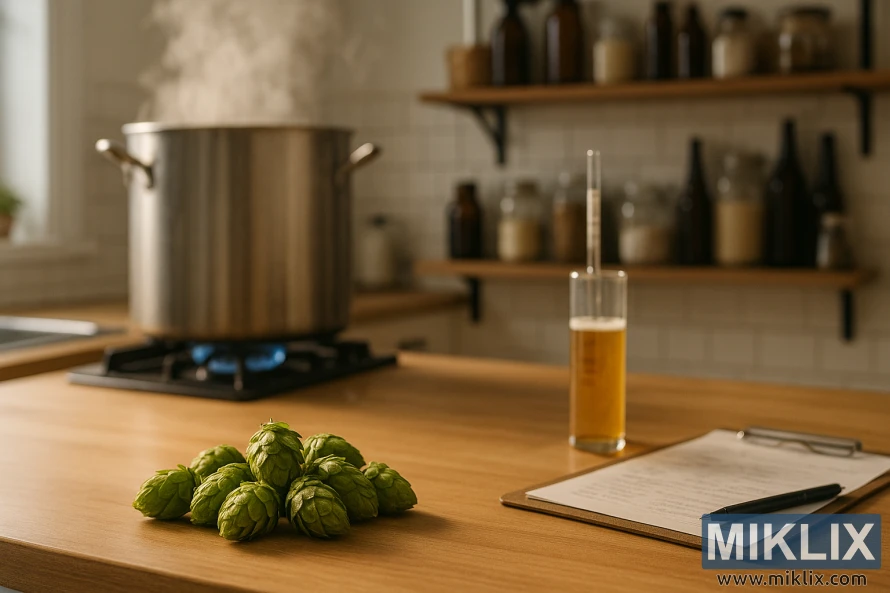 Hjemmebryggingsoppsett med fersk Bravo-humle på en trebenk ved siden av en dampende bryggekjele.