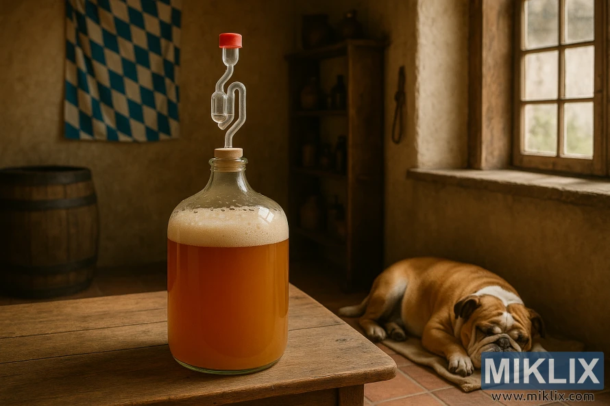 A glass carboy of fermenting hefeweizen on a wooden table in a rustic Bavarian room, with a bulldog sleeping on a blanket near a window. A glass carboy of fermenting hefeweizen on a wooden table in a rustic Bavarian room, with a bulldog sleeping on a blanket near a window.