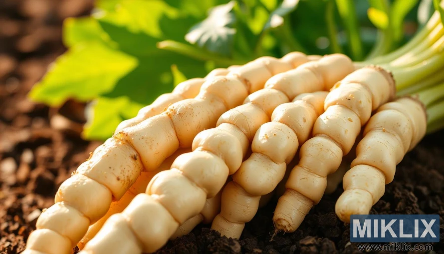 Close-up of fresh glucomannan roots with moist ridged surfaces against green leaves and soil.