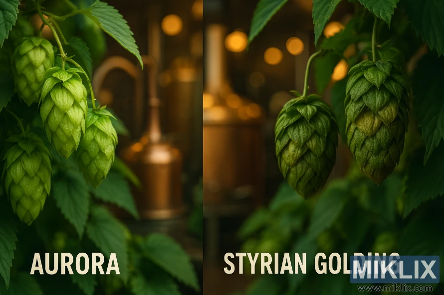 Split image showing Aurora hops on the left and Styrian Golding hops on the right with brewing equipment in the background Split image showing Aurora hops on the left and Styrian Golding hops on the right with brewing equipment in the background
